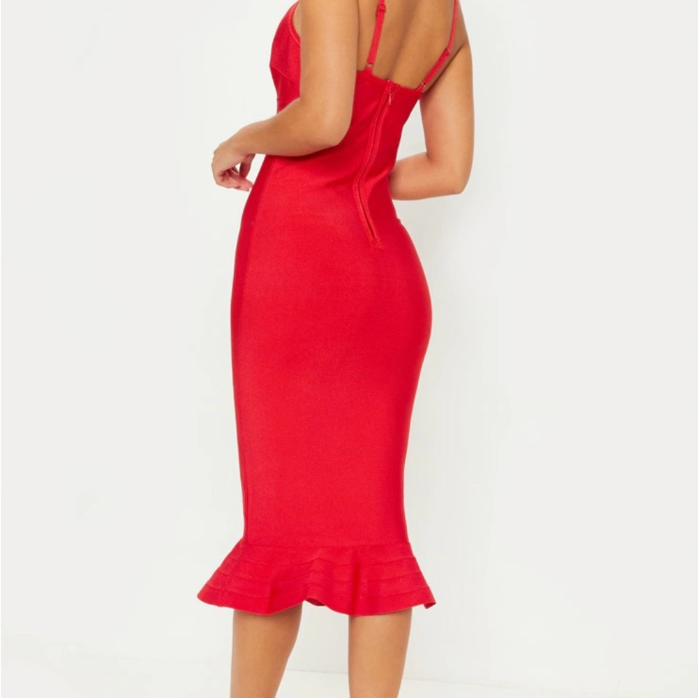 Pretty Little Thing Red Bandage Strappy Frill Hem Midi Dress - Picture 2 of 5